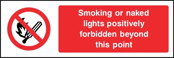 Smoking or naked lights positively forbidden beyond this point sign. red cigarette or naked-flame prohibition pictogram beside a red wording panel. Artwork SMOK0001.