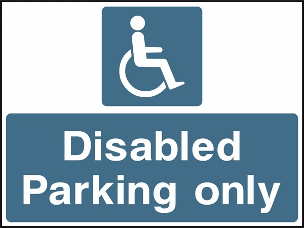Disabled Parking only sign. blue-grey background with white lettering. Supplied artwork PARK0012.