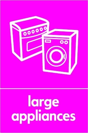 Large appliances sign showing white cooker and washing machine pictogram above wording on magenta background. Artwork ELEC0084.