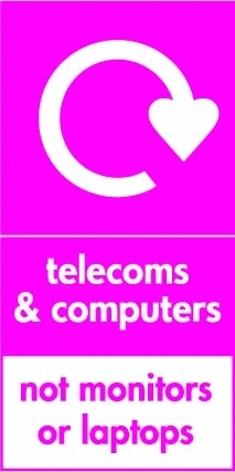 Telecoms & computers — Not monitors or laptops sign showing white recycling arrow pictogram with exclusion footer on magenta background. Artwork ELEC0096.