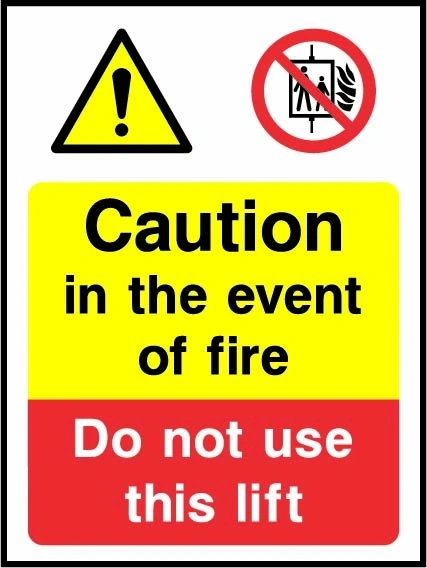 Caution — In the event of fire — Do not use this lift sign showing collated warning and lift prohibition panels. Artwork LIFT0015.