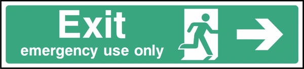 Green and white Exit — emergency use only sign showing right-pointing arrow. Artwork EMER0032.