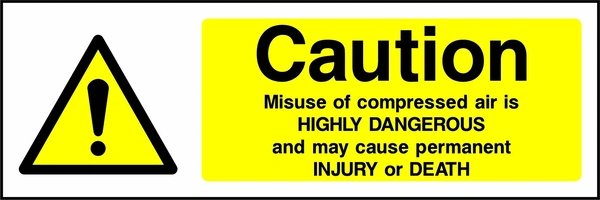 Caution — Misuse of compressed air is highly dangerous and may cause permanent injury or death sign showing yellow exclamation warning triangle beside wording. Artwork MACH0015.