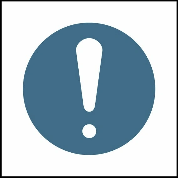 General mandatory action pictogram sign showing white exclamation pictogram in blue circle. Artwork MACH0049.