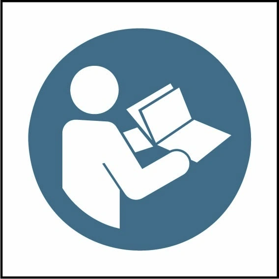 Read instructions pictogram sign showing white person reading instructions pictogram in blue circle. Artwork MACH0056.