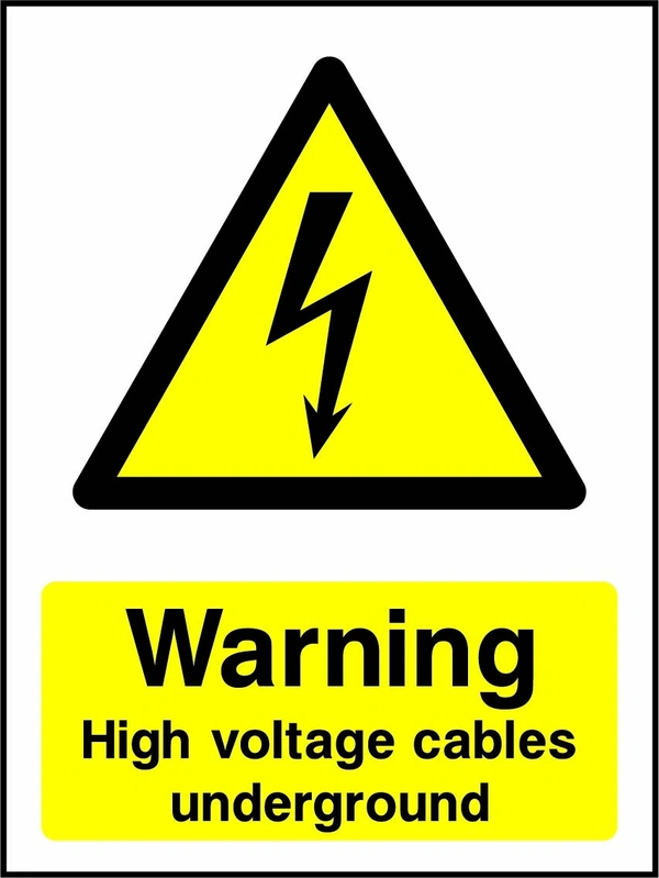 Warning — High voltage cables underground sign showing yellow electrical lightning bolt warning triangle above wording. Artwork ELEC0043.