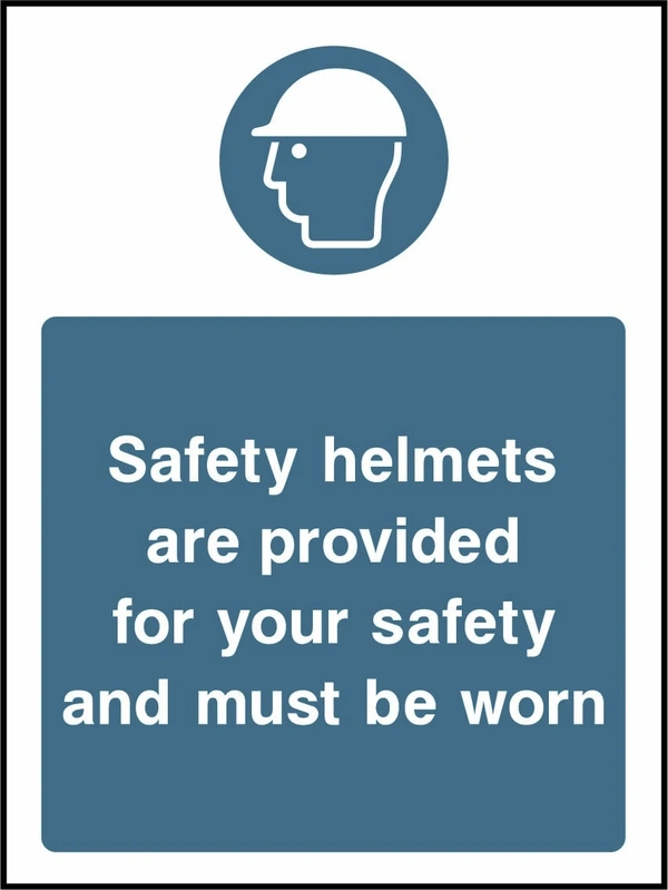 Safety helmets are provided for your safety and must be worn sign showing blue safety helmet pictogram above wording - converted layout. Artwork PPE0038.
