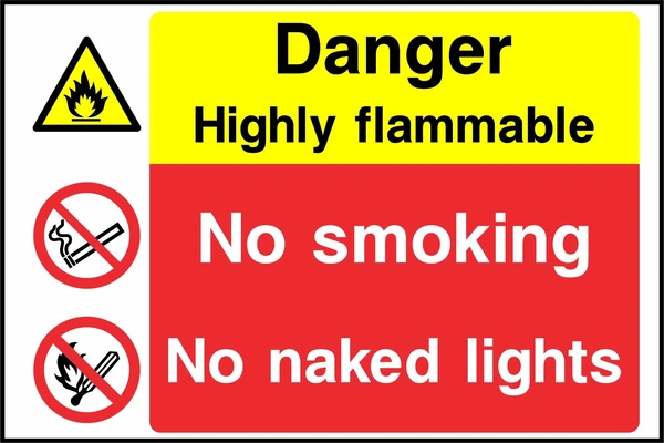 Danger — Highly flammable — No smoking — No naked lights. Stacked message panels. Artwork MULT0027.