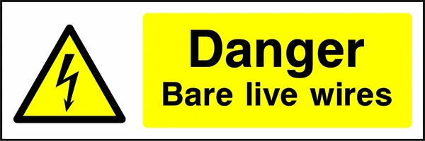 Danger — Bare live wires sign showing yellow electrical lightning bolt warning triangle beside wording. Artwork ELEC0009.