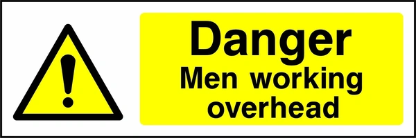 Danger — Men working overhead sign showing yellow exclamation warning pictogram beside wording. Artwork GENE0002.