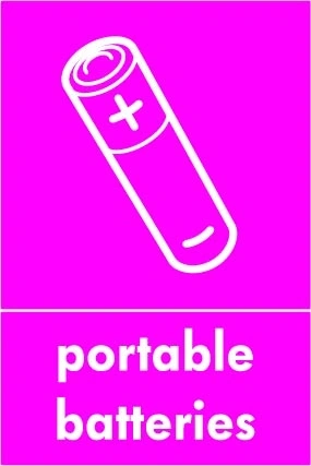 Portable batteries sign showing white battery pictogram above wording on magenta background. Artwork ELEC0088.