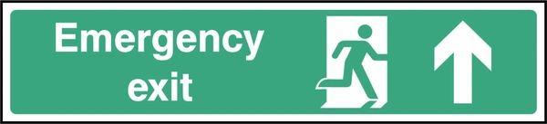 Green and white Emergency exit sign showing upward arrow. Artwork EMER0025.