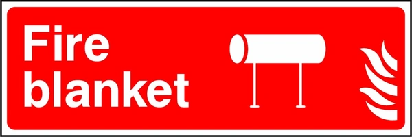 Fire blanket sign showing blanket and flame pictograms beside wording. Artwork FEQP0042.