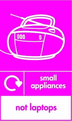 Small appliances — Not laptops sign showing white radio pictogram with exclusion footer and small recycling arrow beside wording on magenta background. Artwork ELEC0111.