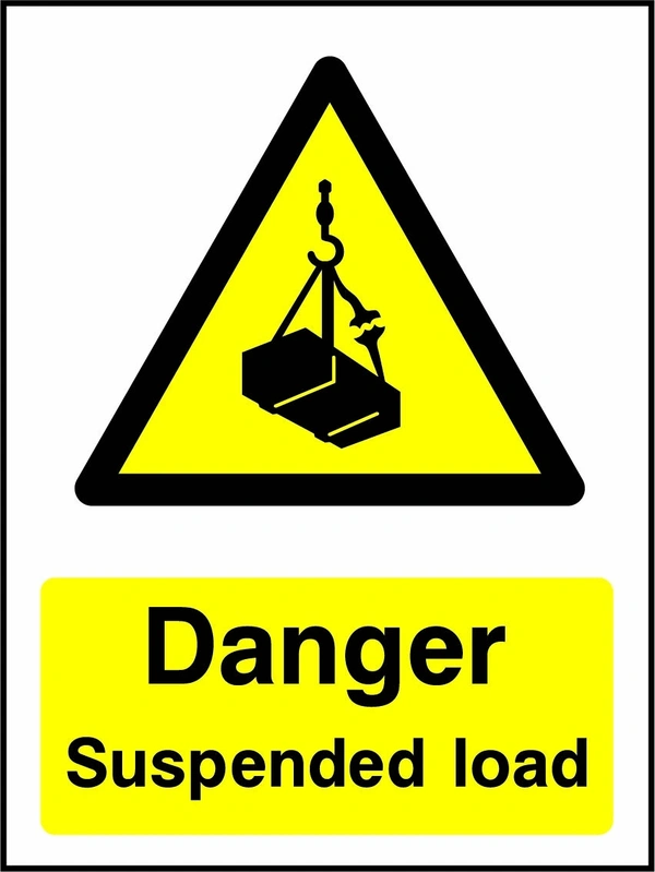 Danger — Suspended load sign showing yellow suspended load warning pictogram above wording. Artwork GENE0079.