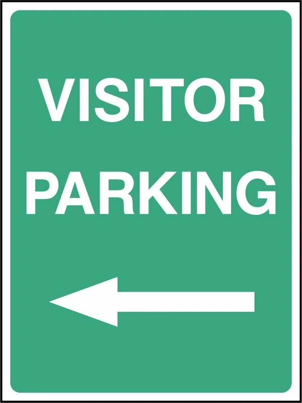 Visitor Parking — Left arrow sign. green background with white lettering. Supplied artwork PARK0034.