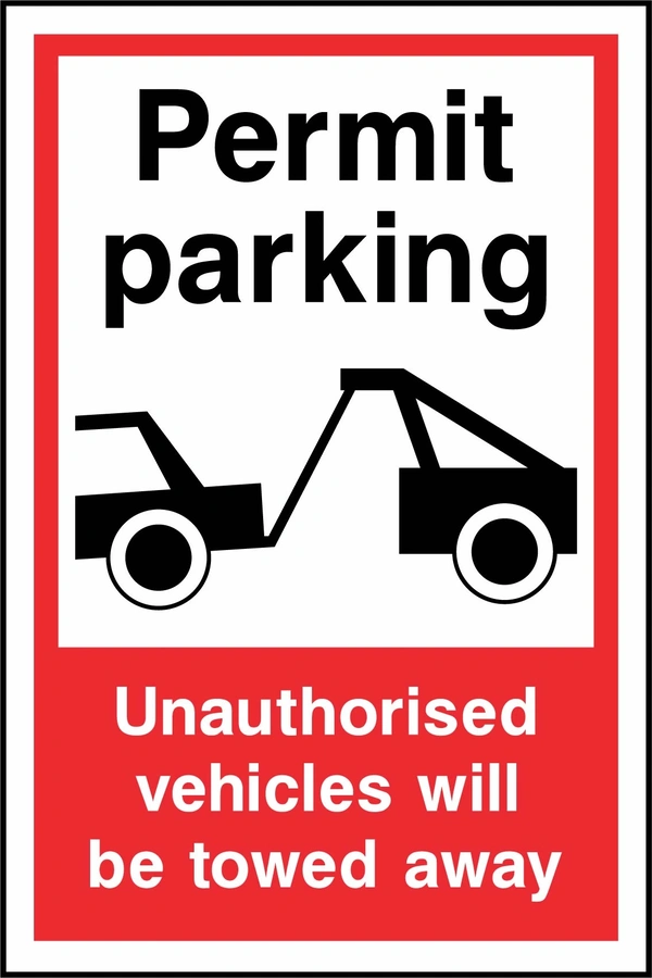 Permit parking — Unauthorised vehicles will be towed away sign. tow-truck pictogram with red-and-white wording. Supplied artwork PARK0079.