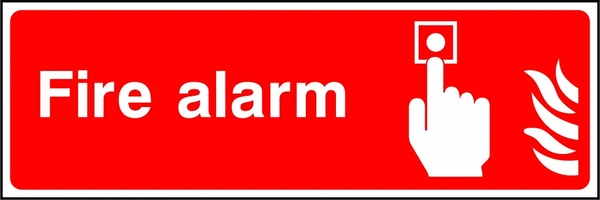 Fire alarm sign showing hand pressing alarm button beside wording. Artwork FEQP0034.