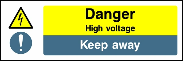 Danger — High voltage — Keep away sign showing collated electrical warning and blue mandatory panels. Artwork ELEC0032.