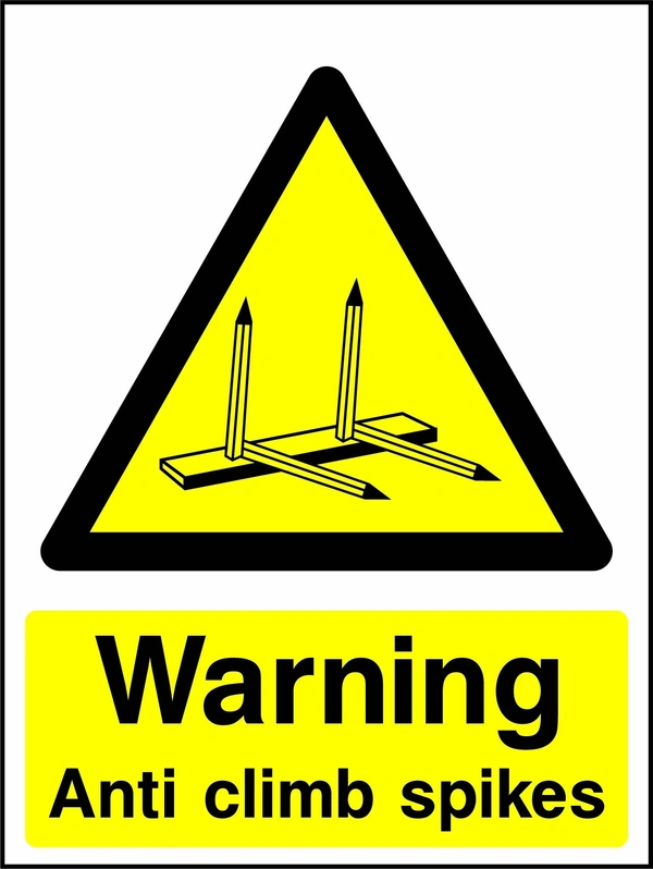 Yellow and black sign with an anti climb spikes pictogram and Warning — Anti climb spikes wording. CONS0030 artwork.