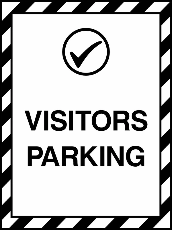 Visitors Parking sign. black wording with a black-and-white diagonal border. Supplied artwork PARK0040.