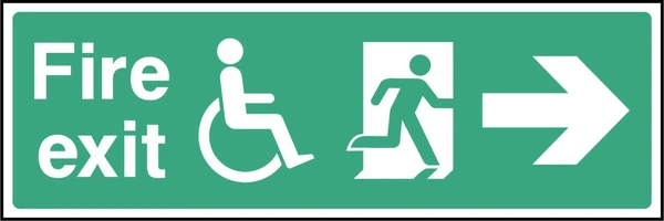 Fire exit sign showing right arrow with wheelchair and running person. Artwork EMER0067.
