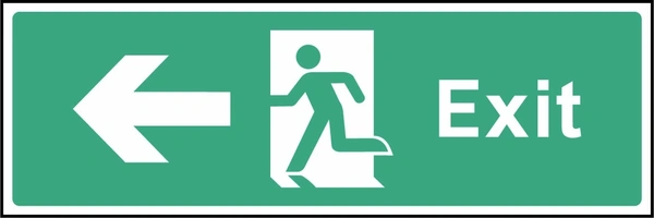 Green and white Exit sign with a left arrow and running-person escape symbol. Letterbox artwork EMER0011.