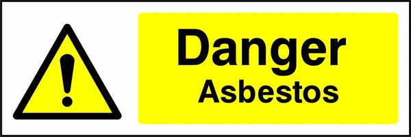 Danger — Asbestos sign showing yellow exclamation warning pictogram beside wording. Artwork GENE0015.