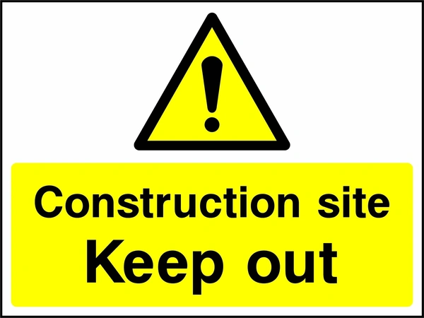 A black exclamation mark inside a yellow warning triangle above black wording on a yellow panel with Construction site — Keep out wording. CONS0106 artwork.