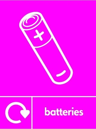 Batteries sign showing white battery pictogram with recycling arrow beside wording on magenta background. Artwork ELEC0117.
