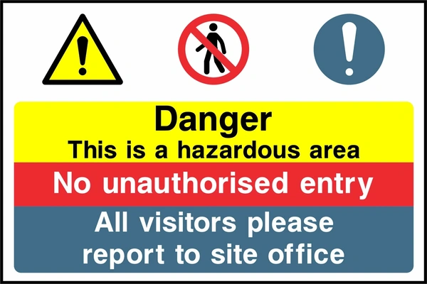 Yellow, red and blue panels with warning, no-entry and mandatory symbols with Danger This is a hazardous area — No unauthorised entry wording. CONS0118 artwork.