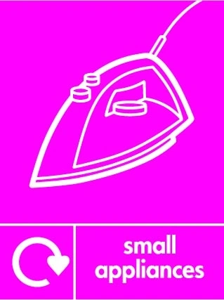 Small appliances sign showing white iron pictogram with recycling arrow beside wording on magenta background. Artwork ELEC0129.