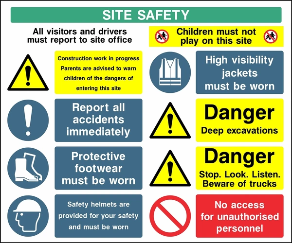 Collated site safety board with visitor reporting, children prohibited, construction warning, PPE, accident reporting, deep excavation and truck warnings, and no unauthorised access. CONS0012 artwork.