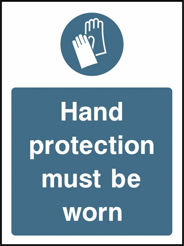 Hand protection must be worn sign showing blue protective gloves pictogram above wording. Artwork PPE0026.