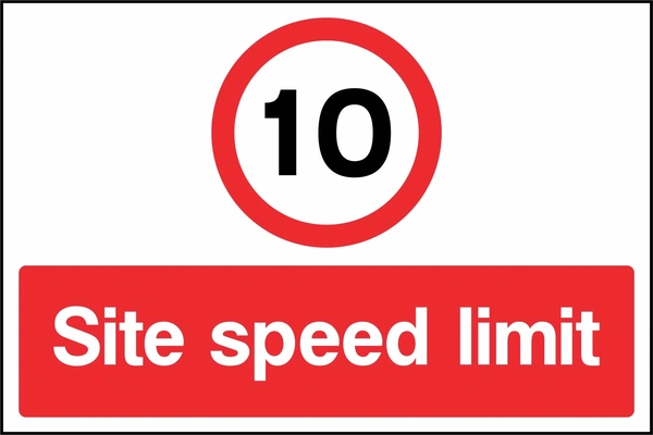 A black number 10 within a red circle above a red Site speed limit panel with 10 — Site speed limit wording. CONS0089 artwork.