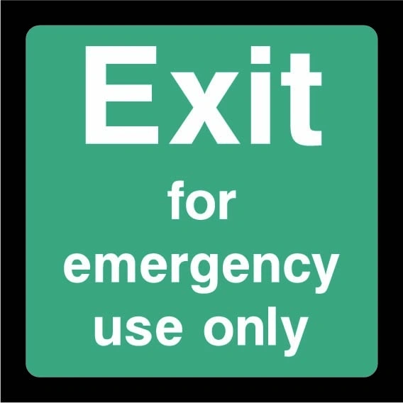 Green and white Exit for emergency use only sign showing square text design. Artwork EMER0061.