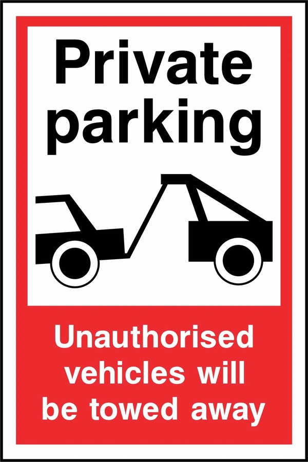 Private parking — Unauthorised vehicles will be towed away sign. tow-truck pictogram with red-and-white wording. Supplied artwork PARK0081.