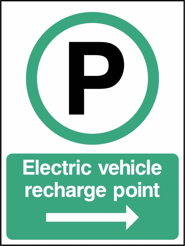 Electric vehicle recharge point — Right arrow sign. green-and-white electric vehicle parking pictogram and wording. Supplied artwork PARK0089.