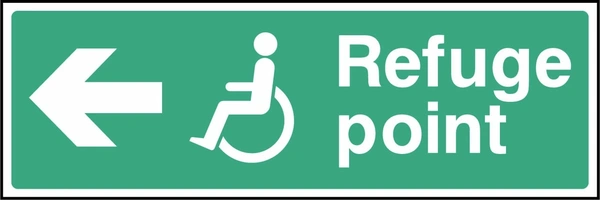 Refuge point sign showing left arrow and wheelchair symbol. Artwork EMER0071.