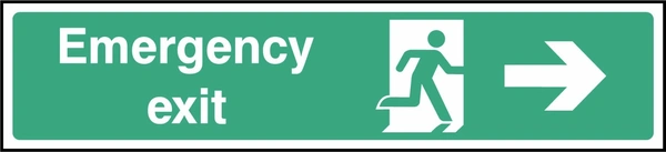 Green and white Emergency exit sign showing right-pointing arrow. Artwork EMER0028.
