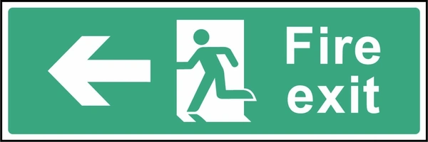 Green and white Fire exit sign with a left arrow and running-person escape symbol. Letterbox artwork EMER0003.