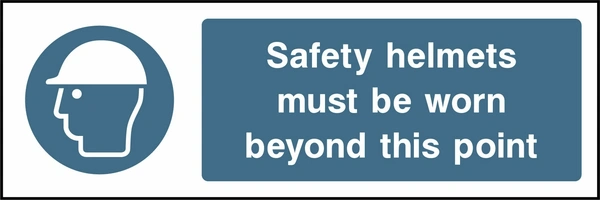 Safety helmets must be worn beyond this point sign showing blue safety helmet pictogram beside wording. Artwork PPE0015.