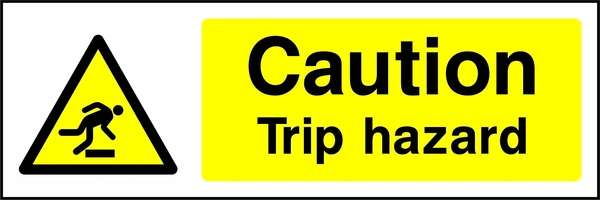 Yellow and black sign with a tripping person pictogram and Caution — Trip hazard wording. CONS0041 artwork.
