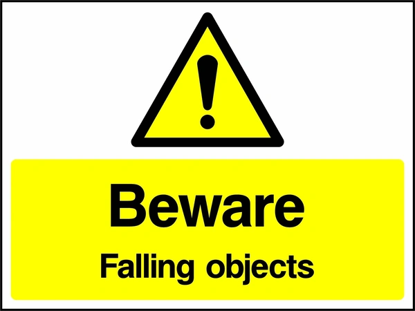 A black exclamation mark inside a yellow warning triangle above black wording on a yellow panel with Beware — Falling objects wording. CONS0094 artwork.