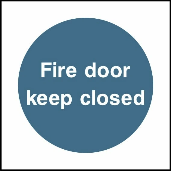 Fire door keep closed sign showing blue circular mandatory wording. Artwork FPRV0020.