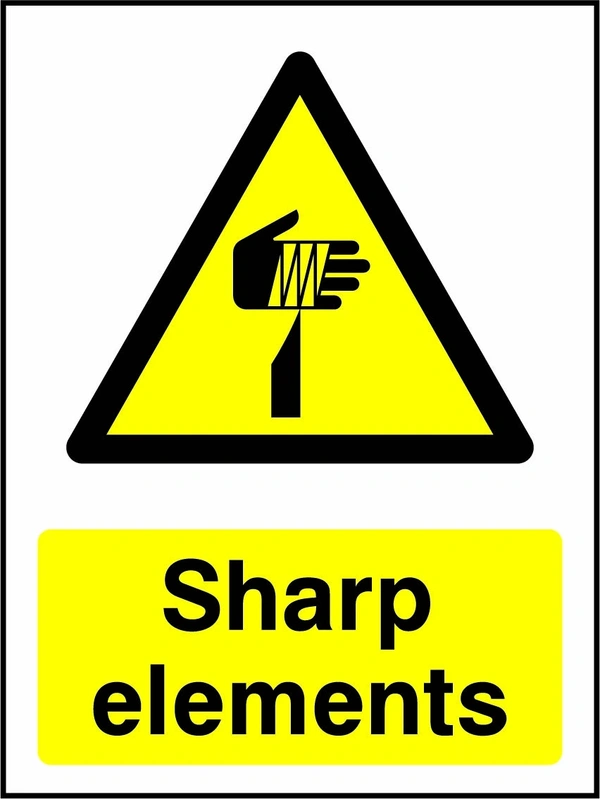 Sharp elements sign showing yellow sharp element and hand warning triangle above wording. Artwork MACH0027.