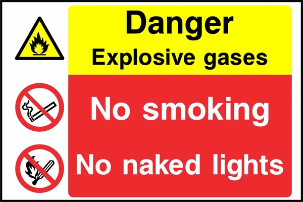 Danger — Explosive gases — No smoking — No naked lights. Stacked message panels. Artwork MULT0031.