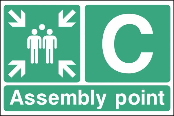 C — Assembly point sign showing assembly point C with group and inward arrows. Artwork EMER0089.