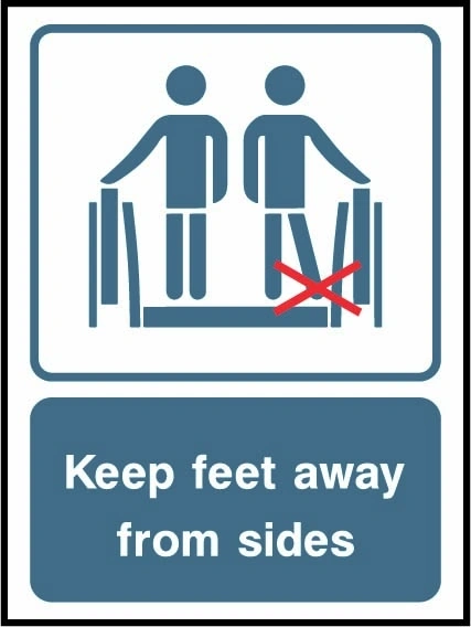 Keep feet away from sides sign showing people standing with feet-away-from-sides illustration. Artwork LIFT0019.