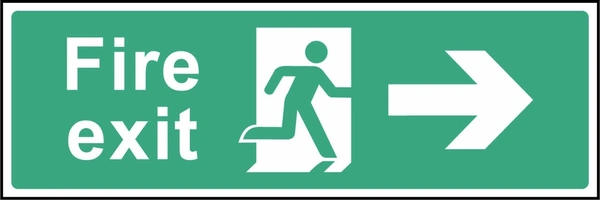 Green and white Fire exit sign with a right arrow and running-person escape symbol. Letterbox artwork EMER0004.